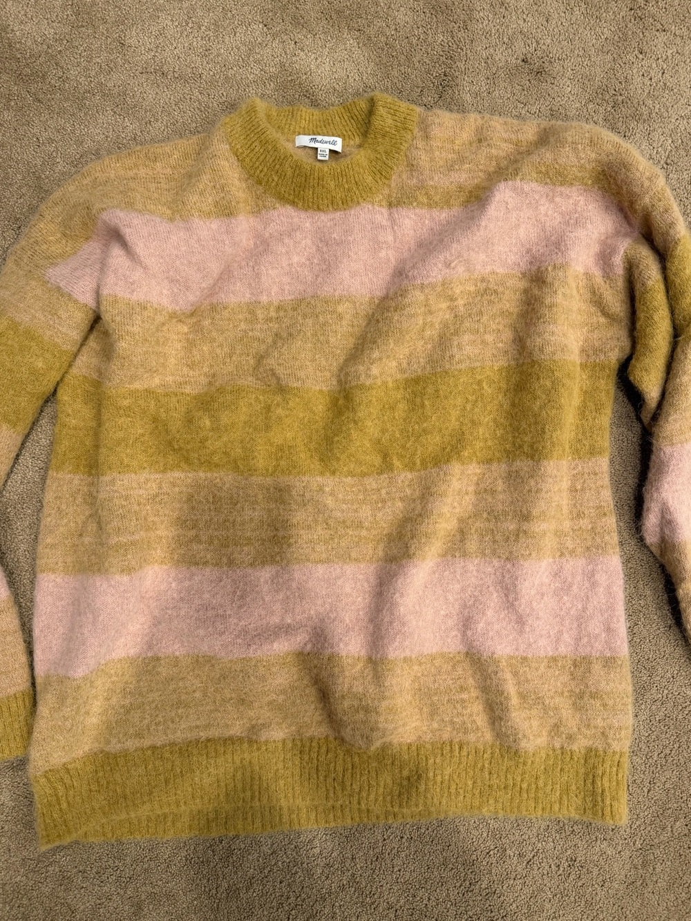 Madewell Striped Fuzzy Crewneck Sweater in Pink & Olive